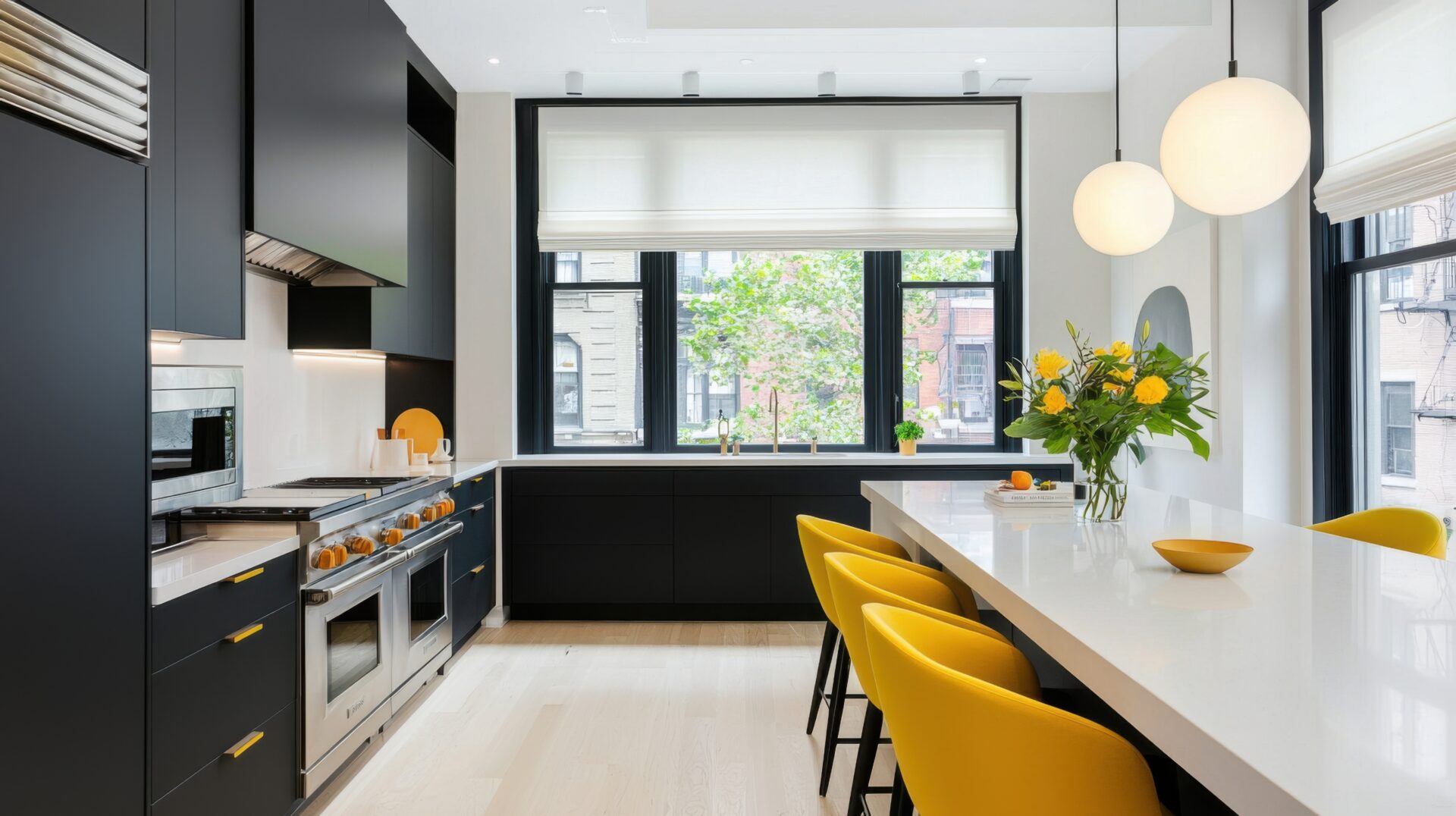 Bold Scandinavian kitchen, black cabinets, white countertop, vivid yellow designer chairs, built in lighting, window with Roman shades Bold Scandinavian kitchen, black cabinets, white countertop, vivid yellow designer chairs, built in lighting, window with Roman shades