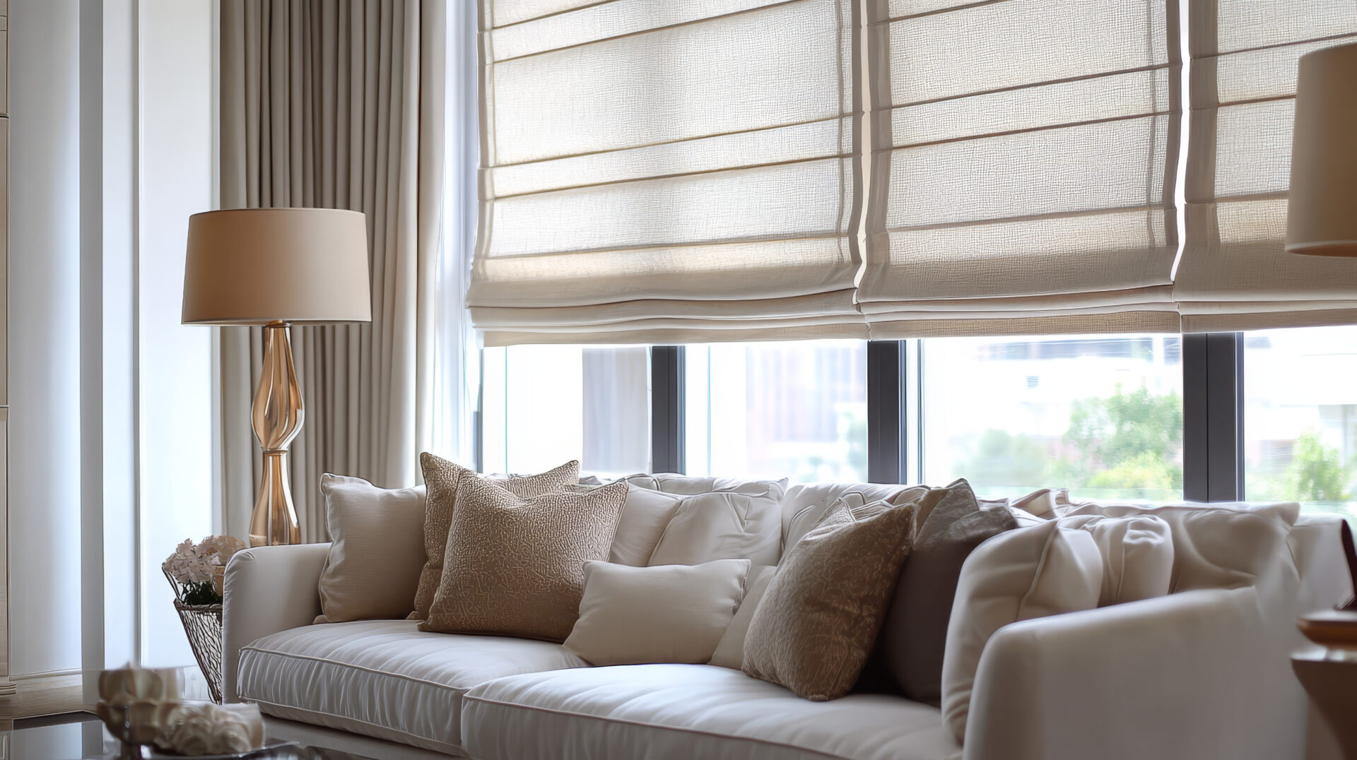 A visual showcasing Roman blind curtains as part of the living room decor. The curtains, with their classic and elegant folds, enhance the aesthetic of the space, A visual showcasing Roman blind curtains as part of the living room decor. The curtains, with their classic and elegant folds, enhance the aesthetic of the space,